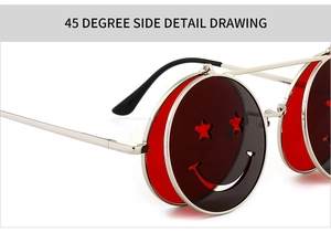 Détail des lunettes steampunk à clapet avec motif smiley et verres rouges
