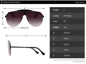 Sizing chart and detailed specifications for large-frame unisex aviator sunglasses