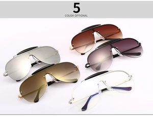 Flat lay of five color options for oversized one-piece shield sunglasses in metal frame
