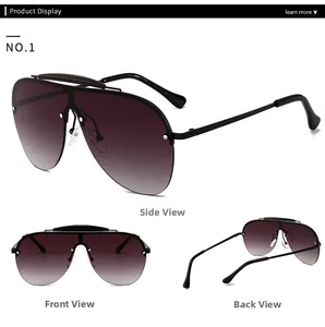Detailed view of oversized rimless aviator sunglasses with gradient purple lenses
