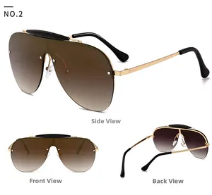 Detailed views of gold metal arm sunglasses with brown gradient rimless lenses
