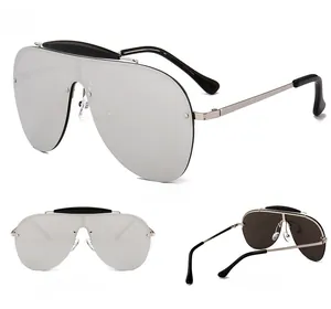 Three-way view of silver mirrored one-piece oversized sunglasses with metal frame