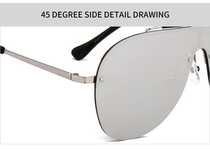 45-degree side view of oversized silver aviator sunglasses with mirrored lenses and rivets