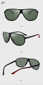 Détails en trois vues des lunettes de soleil aviateur polarisées avec monture noire et rouge
