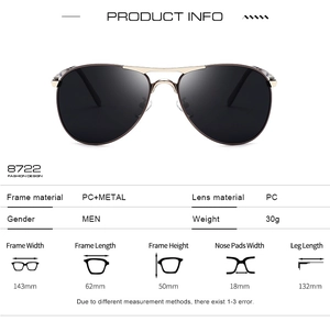 Detailed size specifications and dimensions for men's classic polarized aviator sunglasses