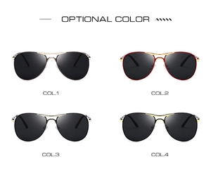Detailed grid view of four aviator polarized sunglasses in multiple metallic frame finishes