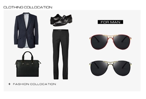 Men's navy striped suit paired with briefcase, leather shoes and pilot sunglasses