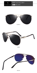 Three-view layout of men's square polarized aviator sunglasses in gun silvery and black