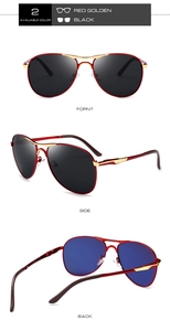 Three-view layout of pilot sunglasses with red metal frames and gold details