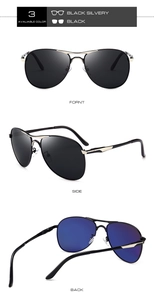 Three-angle views of polarized aviator sunglasses with metal frames and teardrop lenses