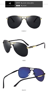 Detailed views of polarized aviator sunglasses with metal frames and multiple color options