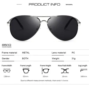 Detailed size chart for men's square polarized aviator sunglasses with metal frames