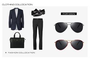 Mens business attire flat lay featuring striped navy suit and pilot polarized sunglasses