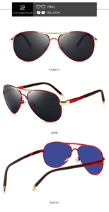 Red metal aviator sunglasses with polarized lenses shown from front, side and back views