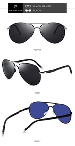 Detail view of polarized aviator sunglasses showing frame dimensions and multiple angles