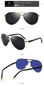 Front, side and back views of classic polarized aviator sunglasses with metal frames