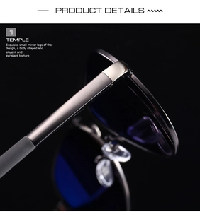 Close-up of brushed metal temple on polarized sunglasses with anti-slip ear tips