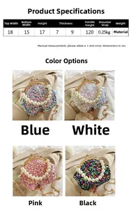 Size chart for sequined shell bags with pearl handles in blue, white, pink, and black