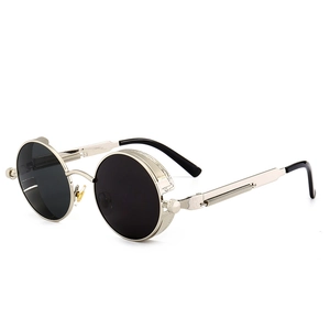 Ρετρό steampunk στρογγυλά μεταλλικά γυαλιά ηλίου με ασημί ελατήρια στους βραχίονες