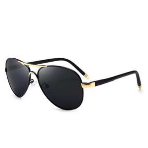 Classic polarized aviator sunglasses with black lenses and gold metal bridge detail