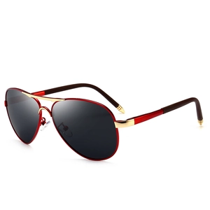 Modern red metal frame aviator sunglasses with gold double bridge and polarized lenses