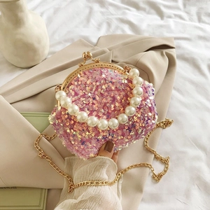 Sequin Evening Bag With Artificial Pearl Handle Fashion PU Leather Crossbody Handbag For Women Party Wedding Vintage Style