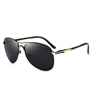 Classic men's square polarized aviator sunglasses with black frame and gold metal accents