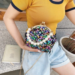 Rainbow sequin shell bag with large pearl handle and metallic chain strap for women