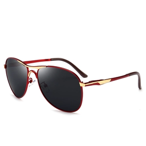 Classic red metal aviator sunglasses with dark polarized lenses and gold accents