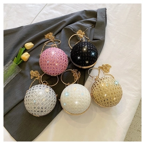 Detailed grid of crystal spherical evening bags in pink, black, silver, white and gold