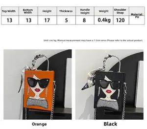 Detailed size chart and specifications for the fashion print crossbody box bag