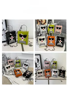 Detail of square chain bag with fashion portrait, scarf-wrapped handle and metal strap
