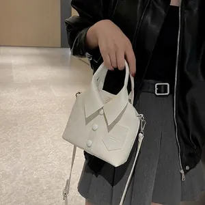 Unique shirt-style white crossbody tote bag with collar and button details for women