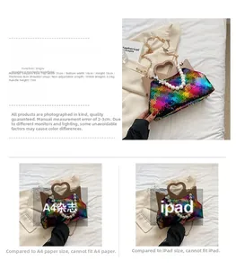 Size comparison of sequin heart tote bag with A4 magazine and iPad showing dimensions