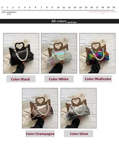 Five assorted sequin handbags with heart-shaped handles and pearl chains in various colors