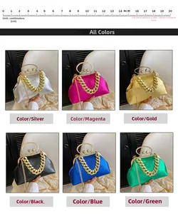 Detailed grid display of glossy evening bags in six metallic colors with chunky chains