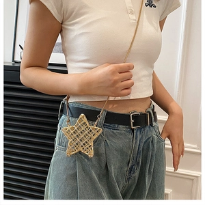 Close-up of golden hollow metal star bag with fine chain shown on white clothing