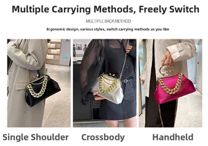 Detailed views of evening clutch bag showing hand-carry, shoulder, and crossbody styles