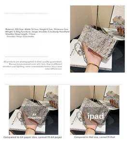Bolso de fiesta plisado plateado con dimensiones y correa de cadena de 112 cm