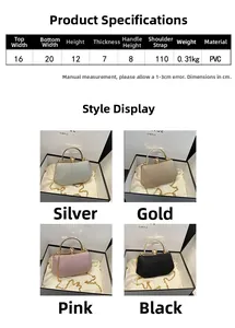 Detailed size chart and dimensions for the rhinestone evening bag in four colors