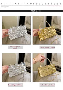 Detalle de bolsos de fiesta acrílicos en oro y plata con textura metálica y correa de cadena