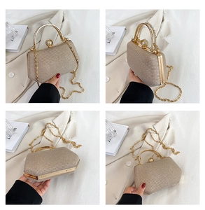 Detailed views of a champagne gold evening bag with rhinestone handle and pearl clasp
