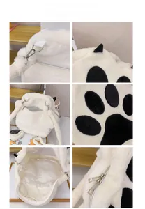 Close-up details of white plush cat paw backpack featuring furry straps and metal zippers