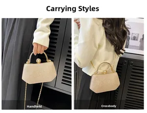 Detail of champagne gold evening bag showing handheld and crossbody chain options