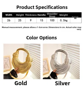 Detail showing hand-woven PU leather texture and knotted handle on a metallic bag