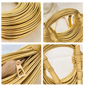 Detailed views of gold woven rope handbag featuring knot texture and triangle zipper hardware