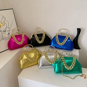 Sparkly evening handbags with thick chain handles in six vibrant metallic candy colors