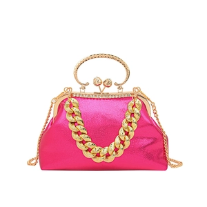 Glossy magenta evening bag with rose rhinestone buckle and chunky gold chain