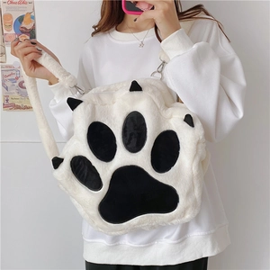Kawaii Cat Paw Plush Backpack Soft Large Capacity Novelty Bag For Girls Street Fashion Cute Animal Shape White Black