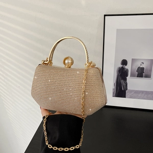 Elegant Women Evening Clutch Bag Glitter Rhinestone Handbag With Metal Handle Artificial Pearl Lock Detachable Chain For Party Wedding